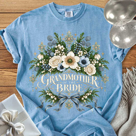 Grandmother of the Bride - Premium Winter Botanical Wedding T-Shirt - Washed Denim