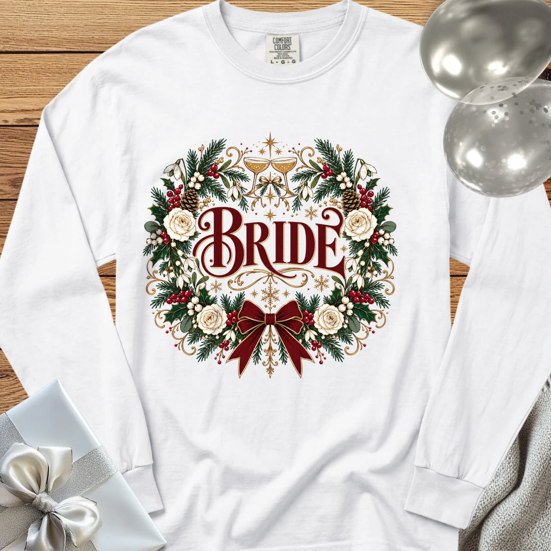 Bride - Premium Winter Crest Wedding Long Sleeve T-Shirt - White