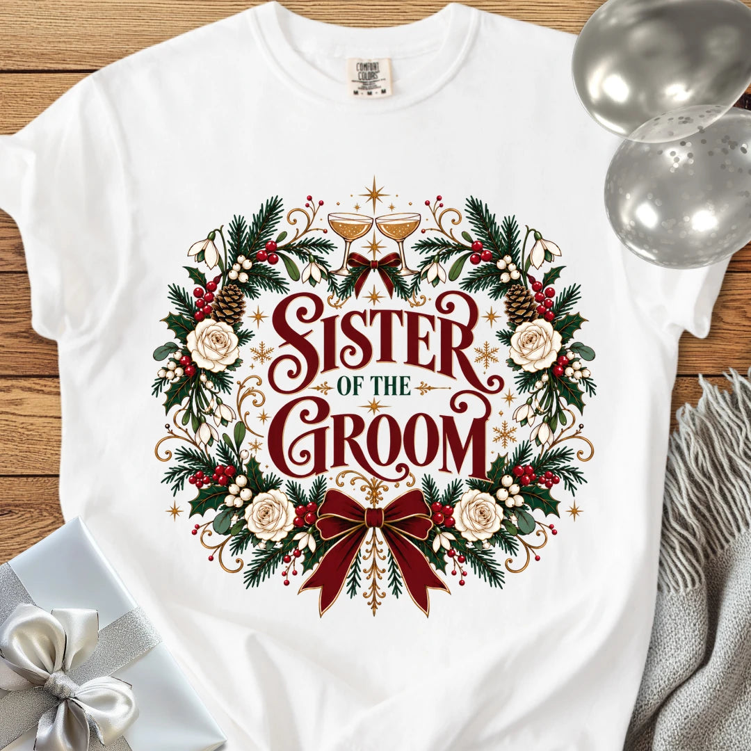 Sister of the Groom - Premium Winter Crest Wedding T-Shirt - White