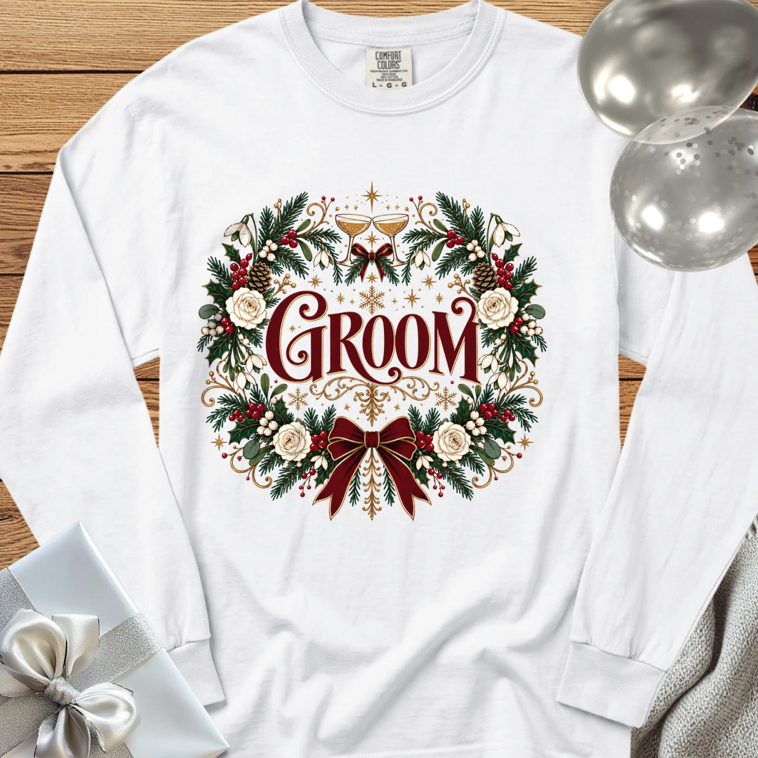 Groom - Premium Winter Crest Wedding Long Sleeve T-Shirt - White