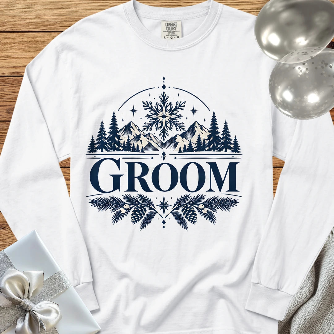 Groom - Premium Winter Peaks Wedding Long Sleeve T-Shirt - White