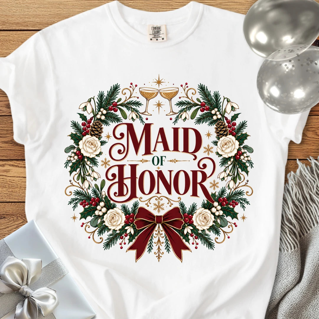 Maid of Honor - Premium Winter Crest Wedding T-Shirt - White