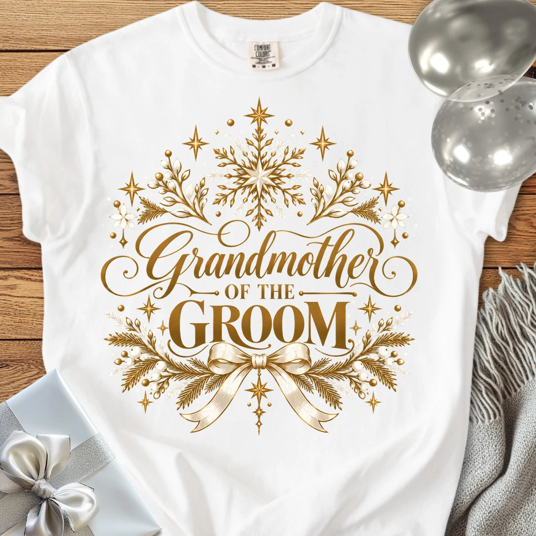 Grandmother of the Groom - Premium Winter Sparkle Wedding T-Shirt - White