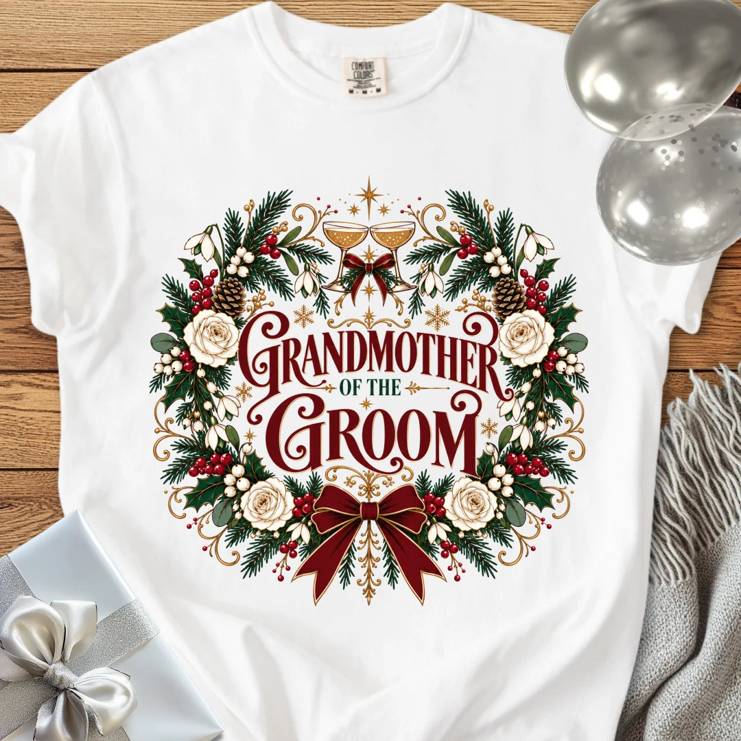 Grandmother of the Groom - Premium Winter Crest Wedding T-Shirt - White