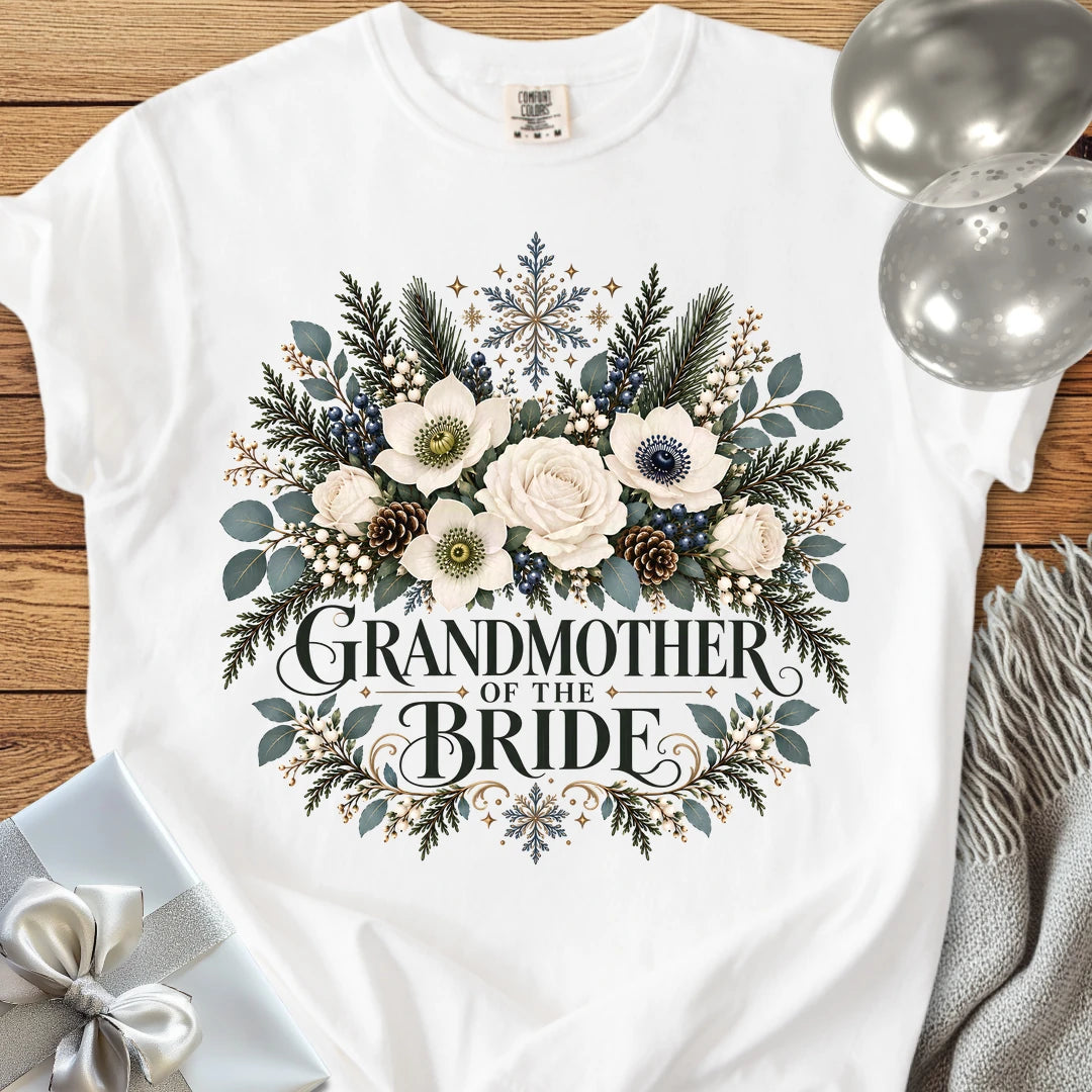 Grandmother of the Bride - Premium Winter Bouquet Wedding T-Shirt - White