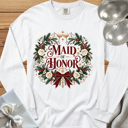 Maid of Honor - Premium Winter Crest Wedding Long Sleeve T-Shirt - White