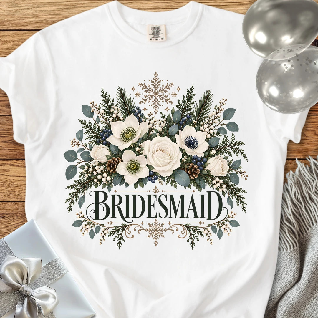 Bridesmaid - Premium Winter Bouquet Wedding T-Shirt - White