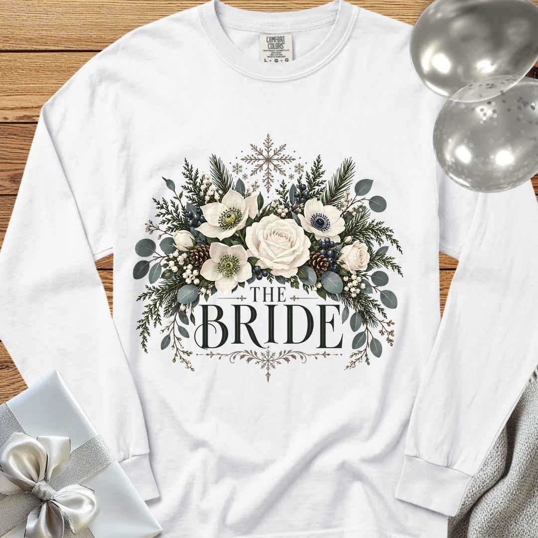 Bride - Premium Winter Bouquet Wedding Long Sleeve T-Shirt - White