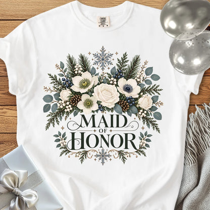 Maid of Honor - Premium Winter Bouquet Wedding T-Shirt - White