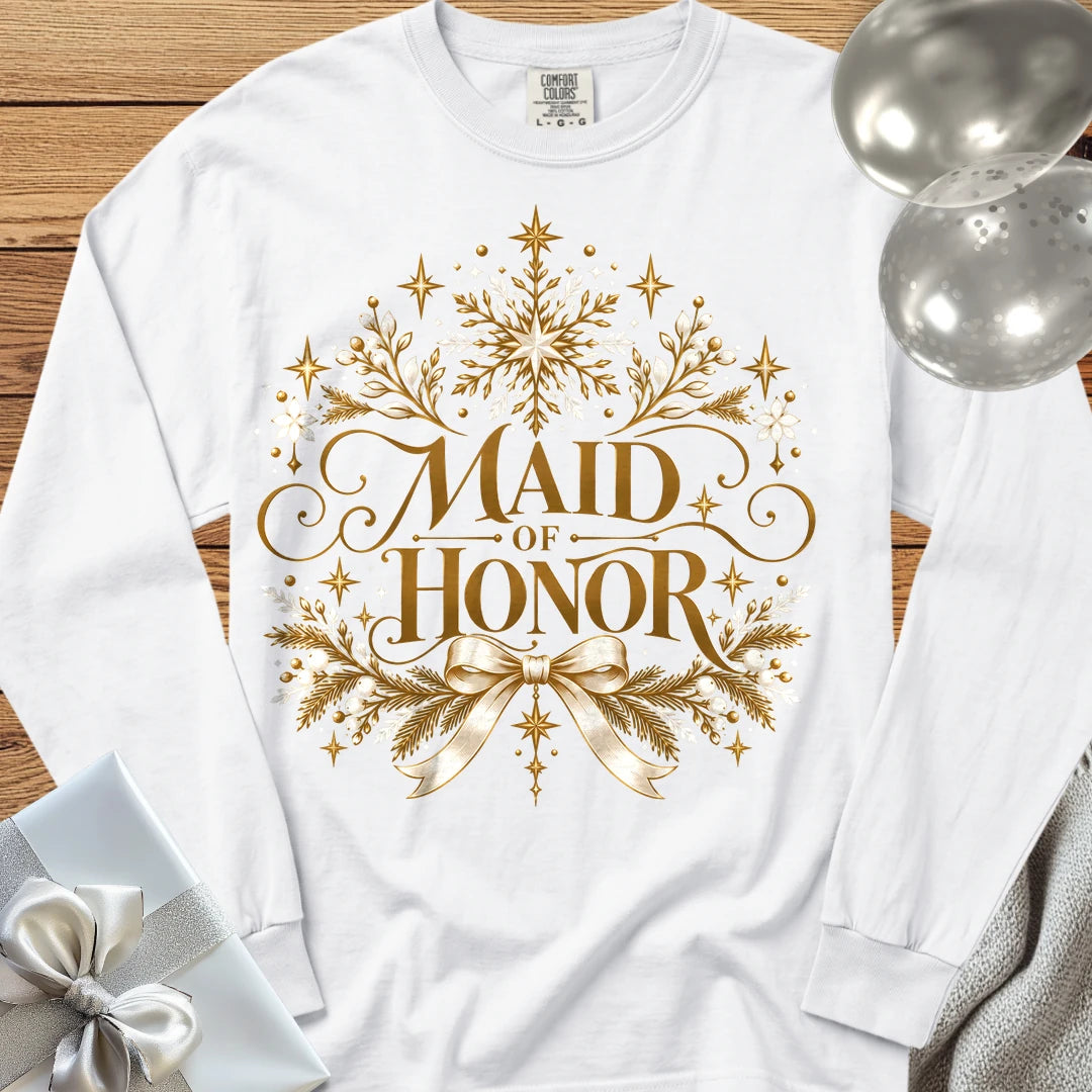 Maid of Honor - Premium Winter Sparkle Wedding Long Sleeve T-Shirt - White