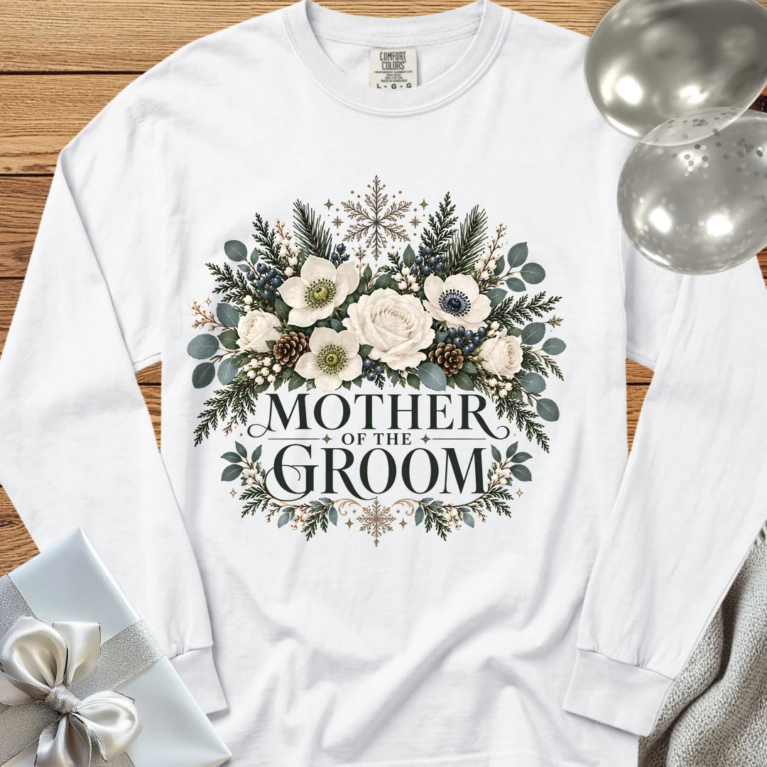 Mother of the Groom - Premium Winter Bouquet Wedding Long Sleeve T-Shirt - White