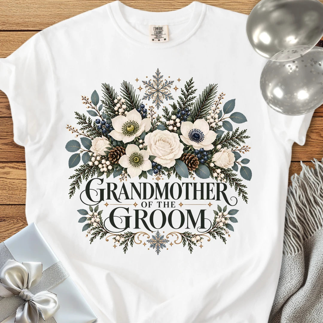 Grandmother of the Groom - Premium Winter Bouquet Wedding T-Shirt - White