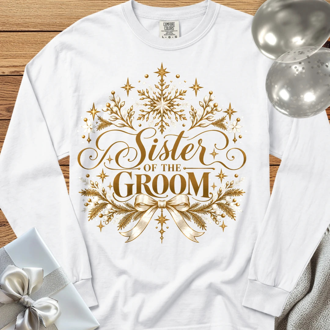 Sister of the Groom - Premium Winter Sparkle Wedding Long Sleeve T-Shirt - White