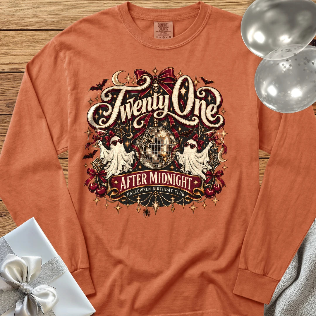 Twenty One After Midnight, Halloween Birthday Club - Premium Halloween 21st Birthday Long Sleeve T-Shirt - Yam