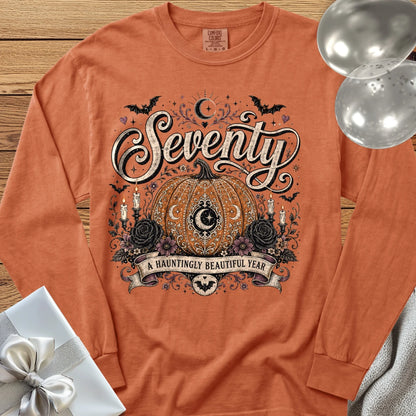 Seventy, A Hauntingly Beautiful Year - Premium Halloween 70th Birthday Long Sleeve T-Shirt - Yam
