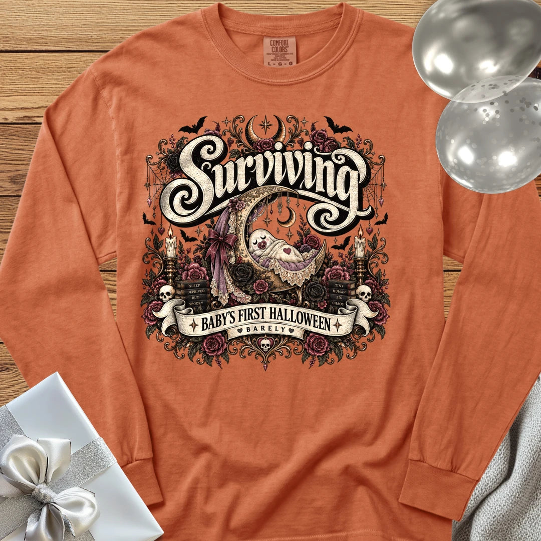 Surviving Baby's First Halloween, Barely - Premium Halloween New Parent Long Sleeve T-Shirt - Yam