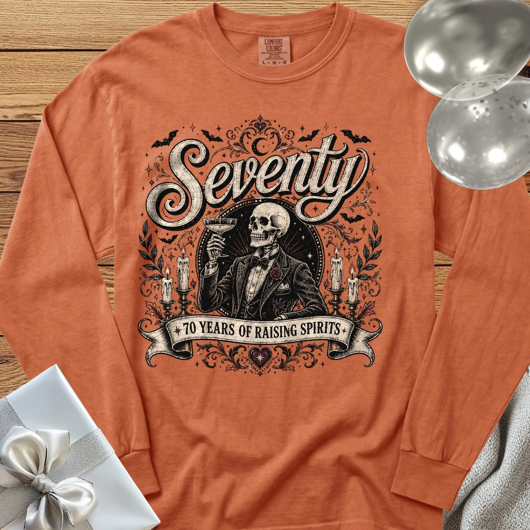 Seventy: 70 Years of Raising Spirits - Premium Halloween 70th Birthday Long Sleeve T-Shirt - Yam